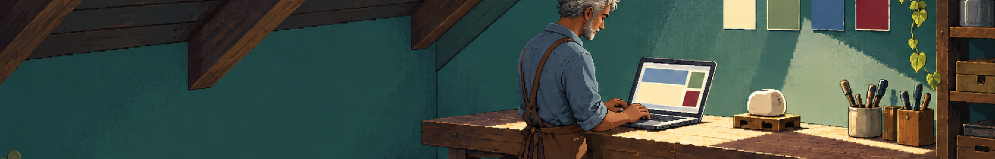 In an attic workshop under dark rafters, an older man in a denim shirt and leather apron types at a laptop beside a small prototype on a stand.