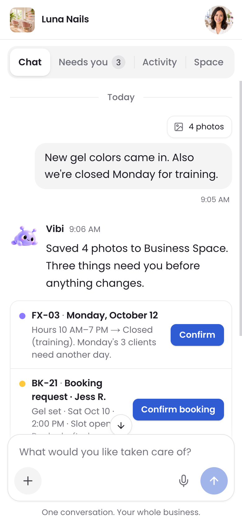 The Vibeful app on a phone: the chat for Luna Nails.