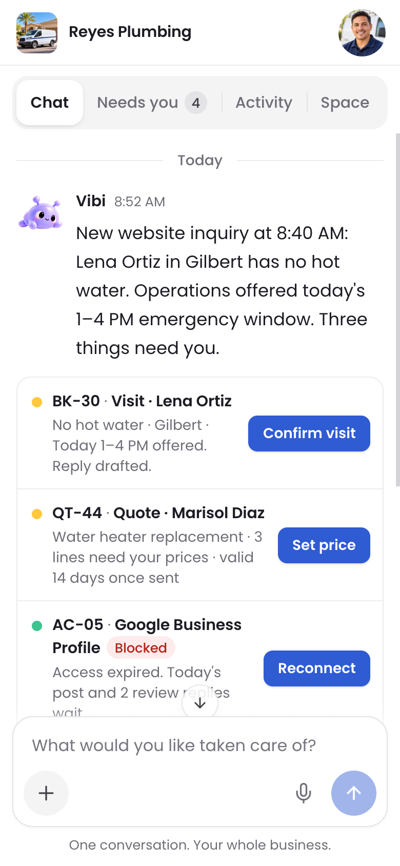 The Vibeful app on a phone: the chat for Reyes Plumbing.