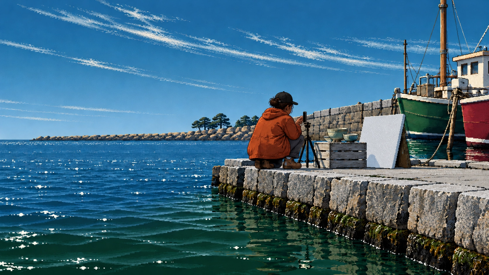 On the old stone harbor wall, a person in a rust-orange jacket and black cap crouches to photograph a stack of bowls with a phone on a small tripod.
