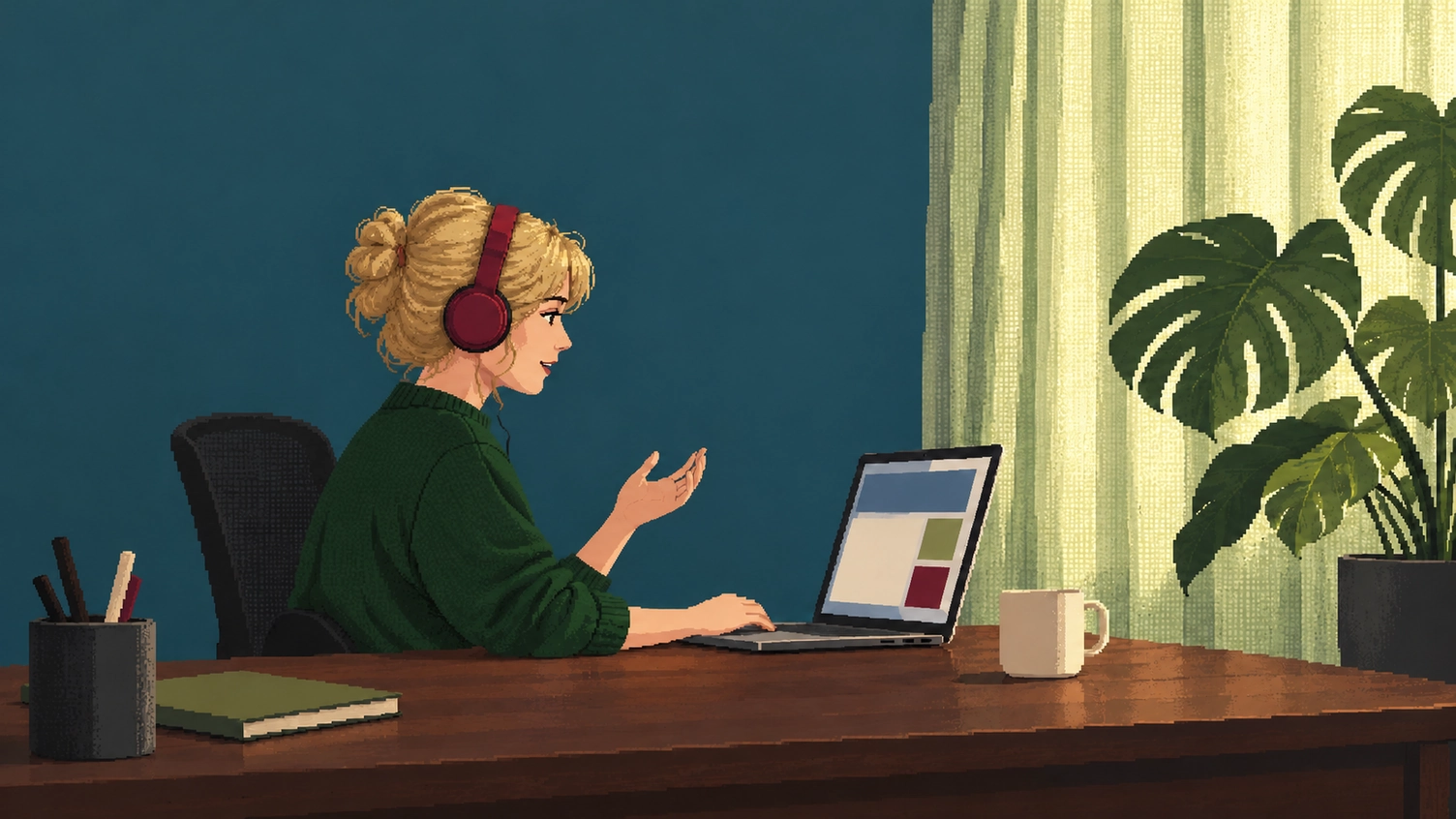 In a home office with deep teal walls, a woman in crimson headphones and a forest-green sweater talks on a call at a laptop, one hand raised.