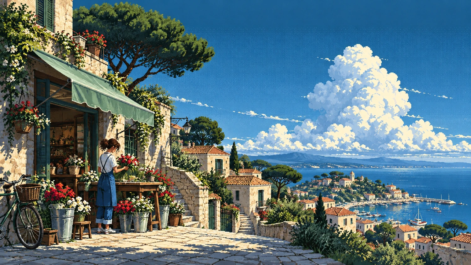 A florist making up a bouquet outside her flower shop, above a harbor town.