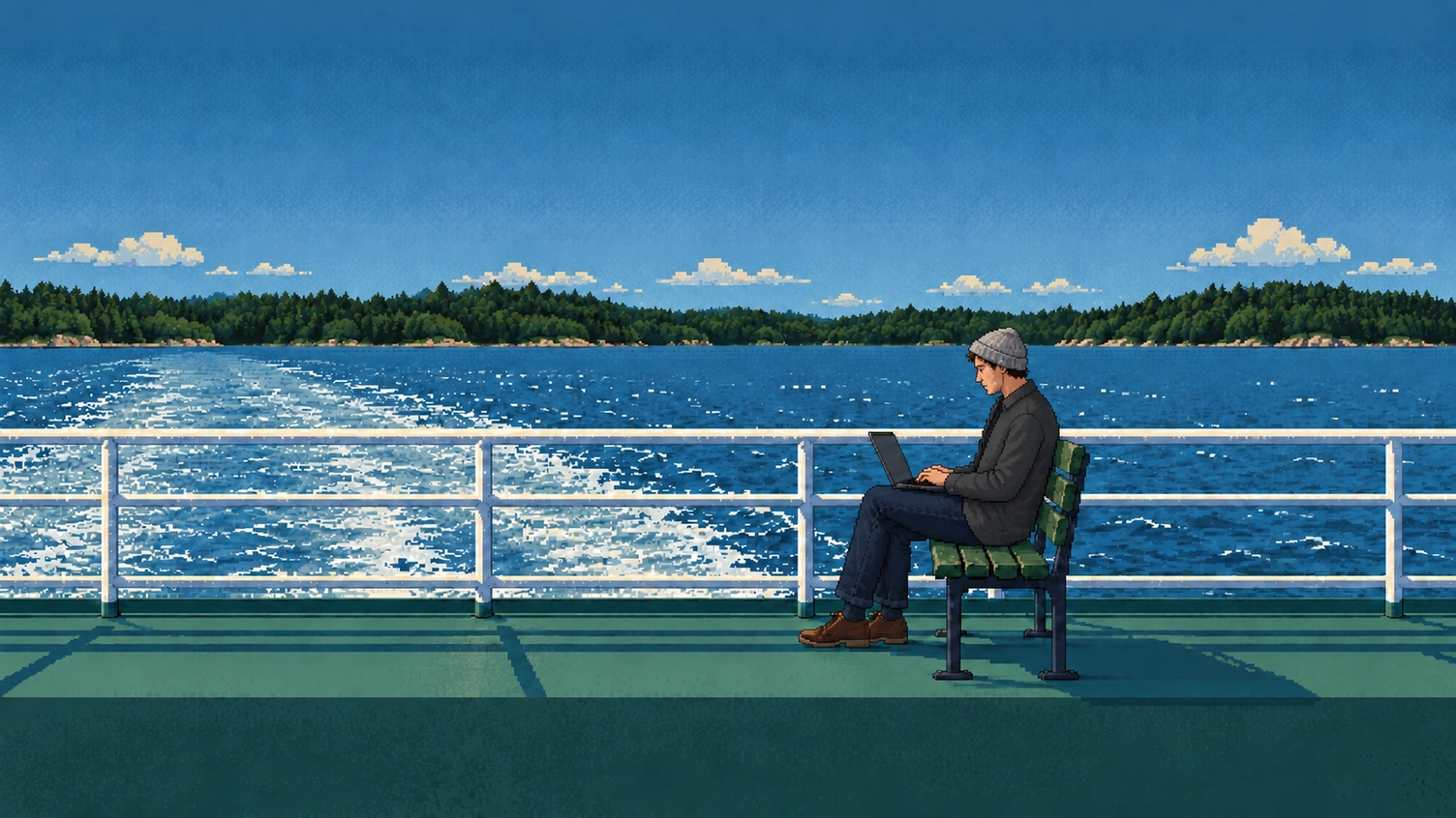 On the stern deck of a ferry crossing the bay, a man in a grey beanie and charcoal jacket sits on a green bench working on a laptop.