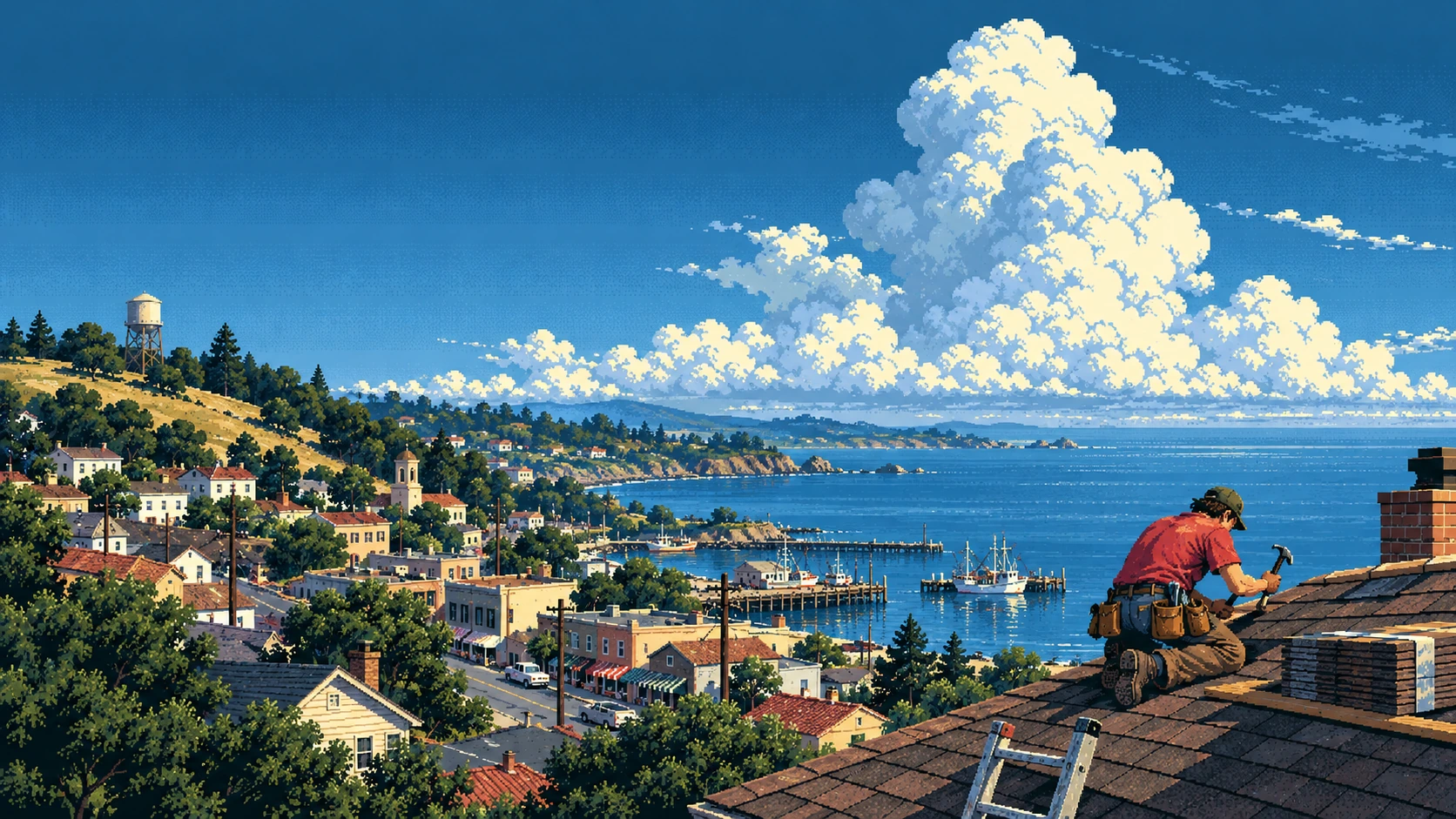 A roofer nailing down shingles on a ridge, high above a small seaside town, its harbor and a great white cloud.