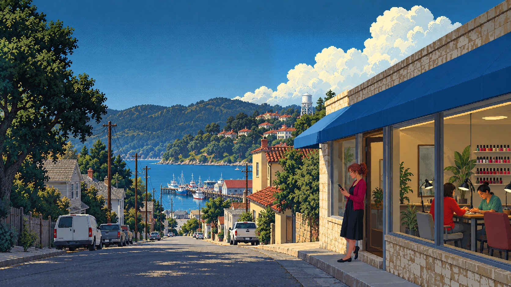 A salon owner in a magenta cardigan checks her phone at her shop's door, a nail appointment underway inside, the street running down to the harbor.