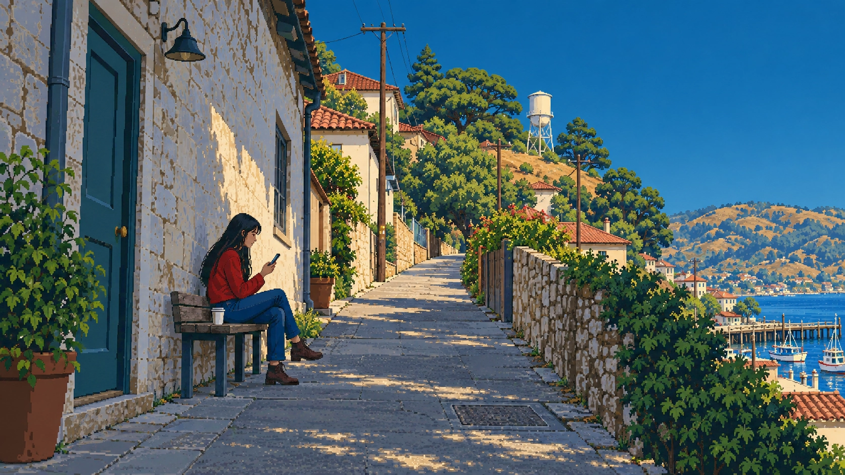 On a bench in a sunny stone lane above the harbor, a woman in a red jacket checks her phone, a cup beside her.