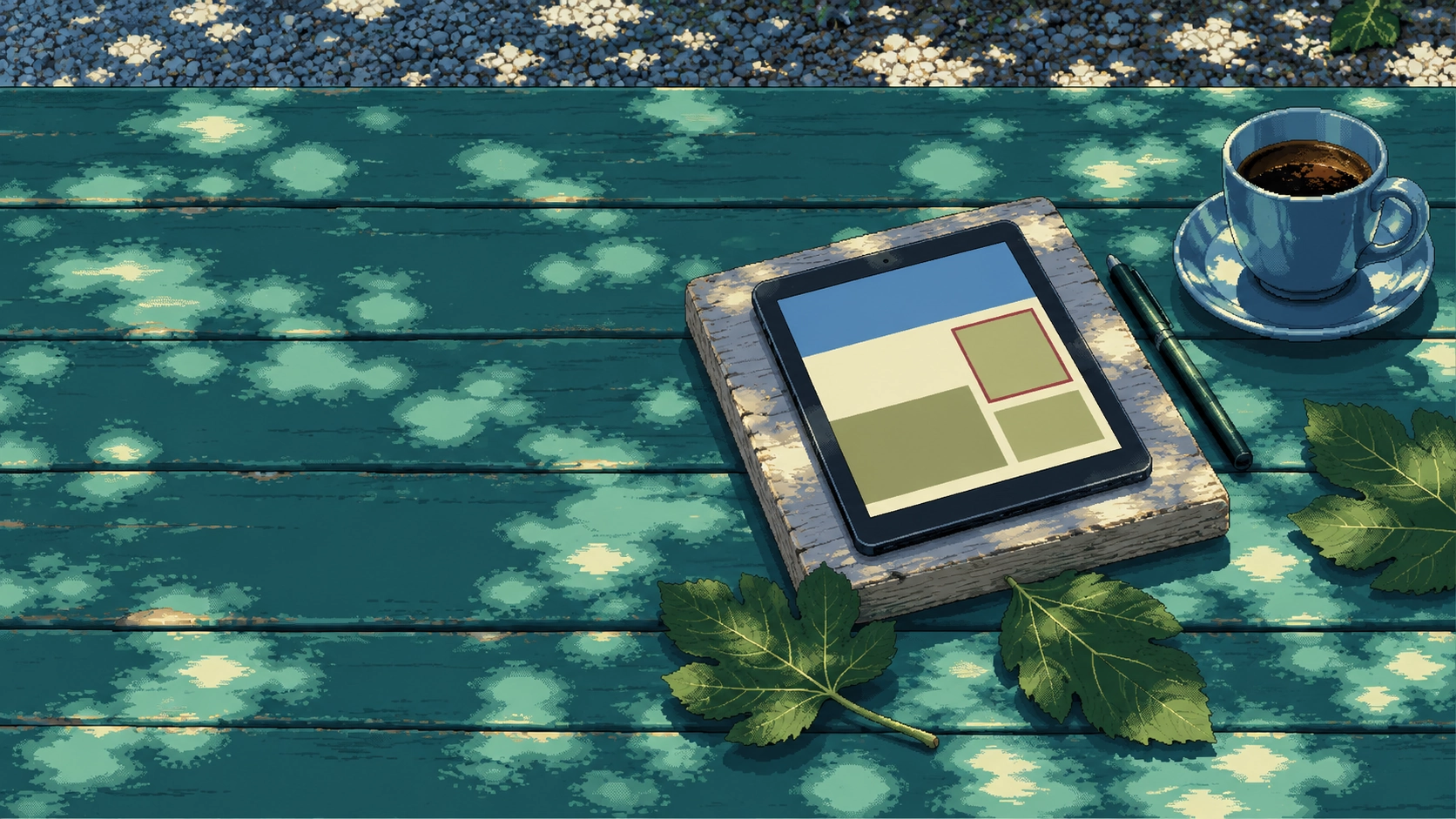 On a sea-green garden table in dappled leaf light, a tablet shows a page of colour blocks, one outlined in crimson, beside a pen and a coffee cup.