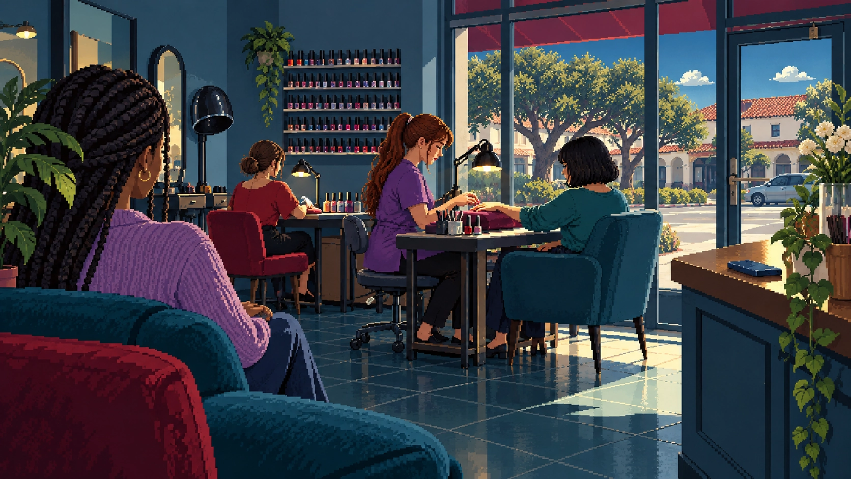 A busy nail salon: a technician paints a client's nails at a table while one client waits on the sofa and another sits at a station.