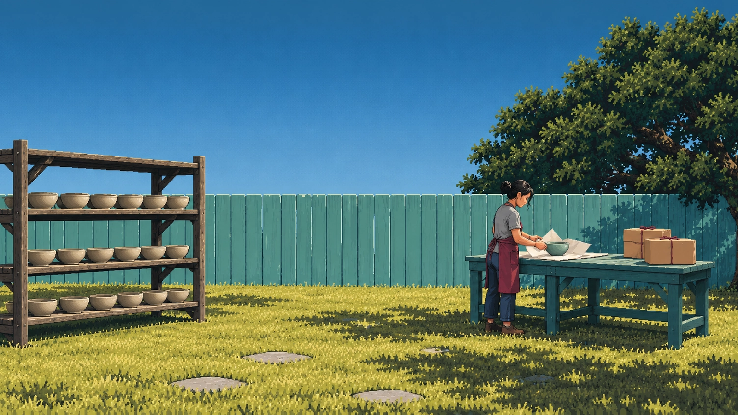 In a maker's yard behind a house, a woman in a burgundy apron wraps a bowl in cream paper at a teal packing bench, a rack of bowls nearby.