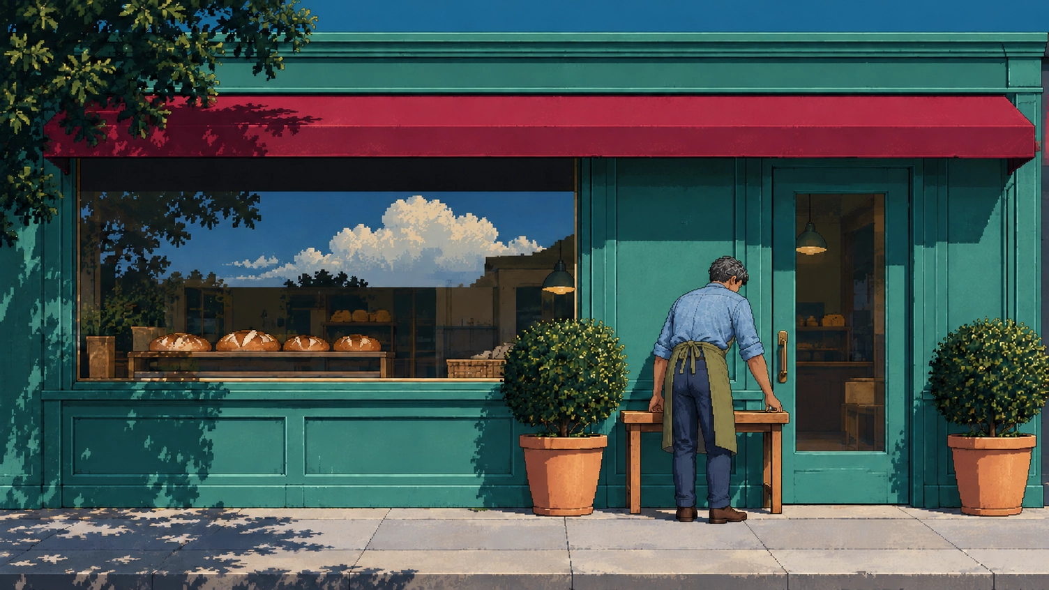 On the main street, the owner of a small bakery, in a chambray shirt and olive apron, bends over a bench under the crimson awning.
