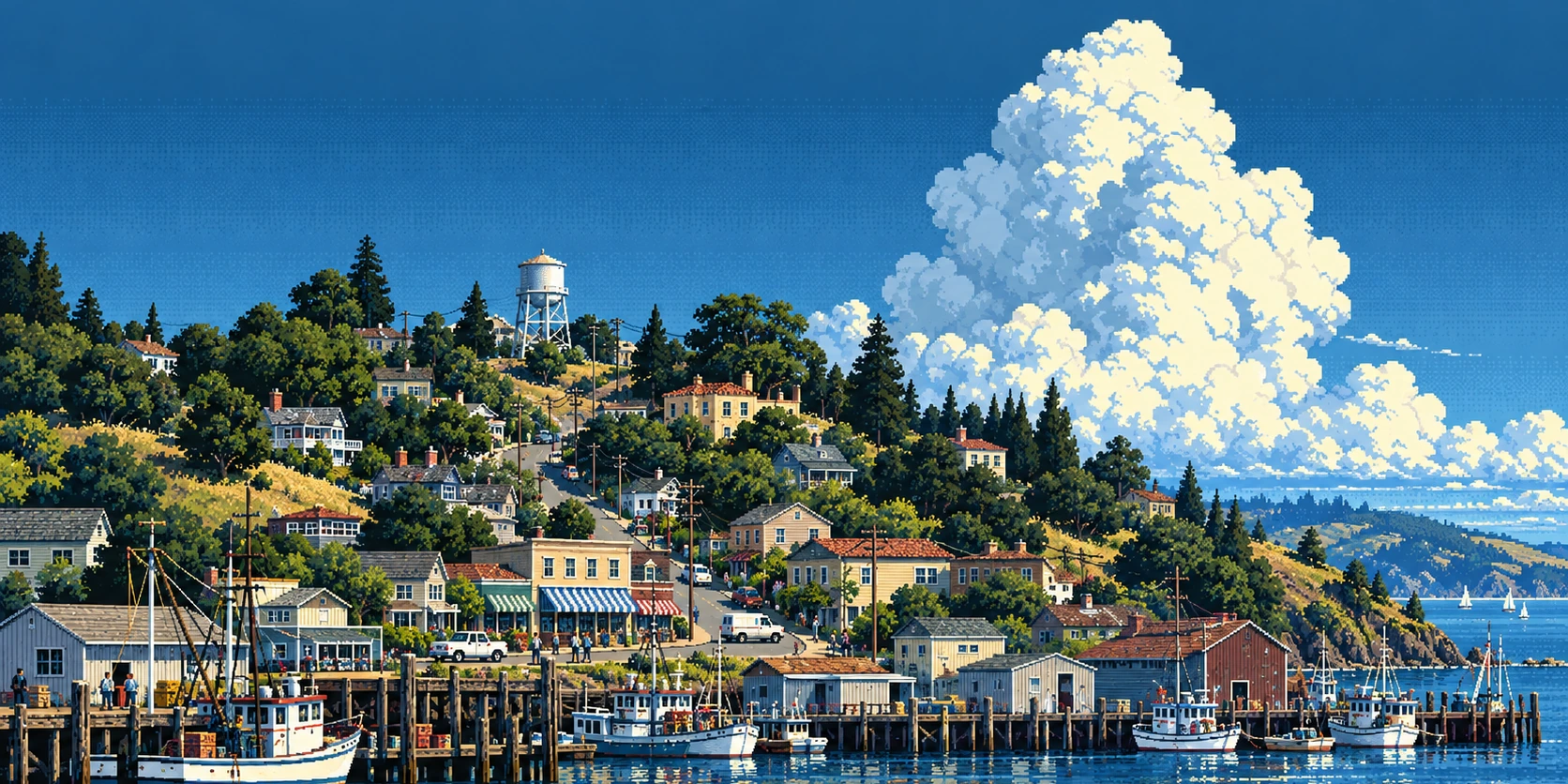 The whole town: shops and houses climbing a hill to a water tower, the harbor with its fishing boats, and a great cloud over the bay.